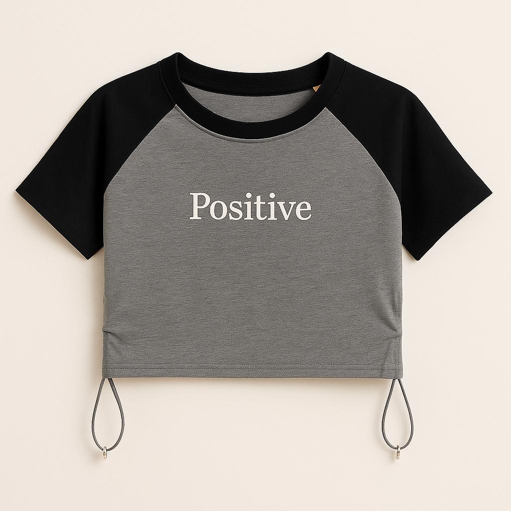 Positive Raglan Crop Top with Drawstring - Multiple Colors