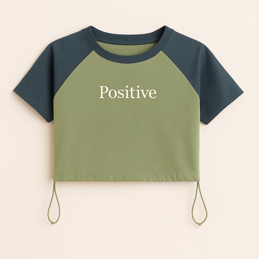 Positive Raglan Crop Top with Drawstring - Multiple Colors