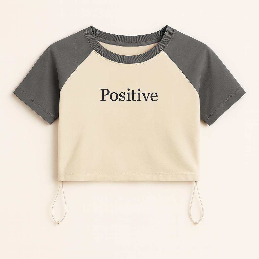 Positive Raglan Crop Top with Drawstring - Multiple Colors