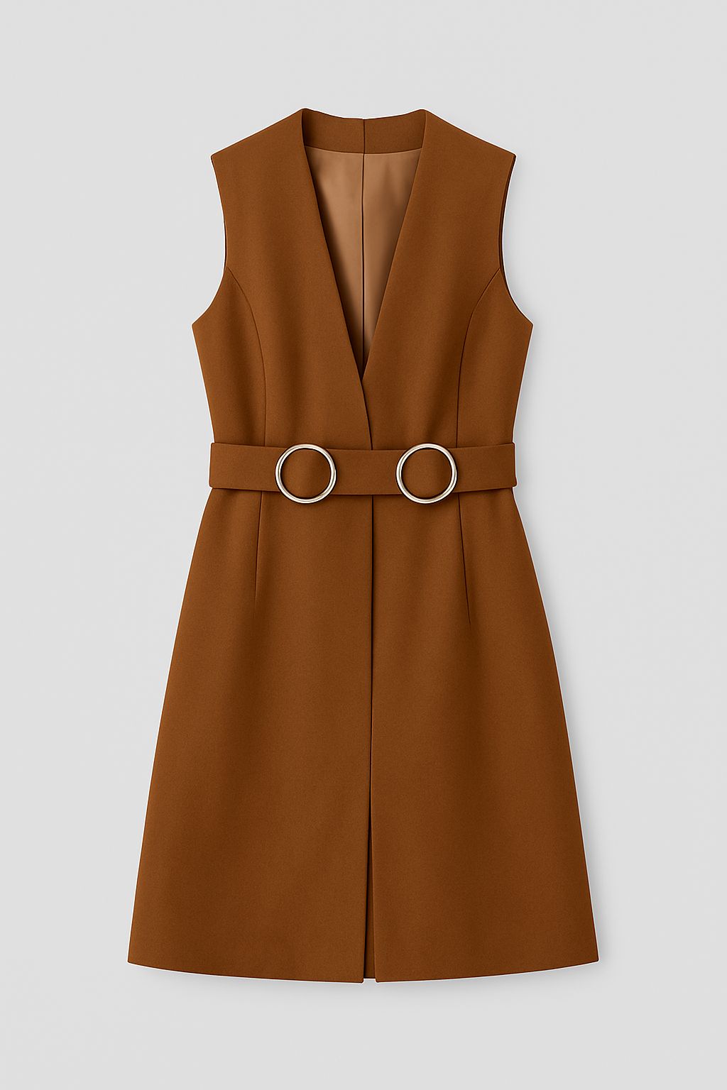 Brown Sleeveless Blazer Dress with Belt Detail